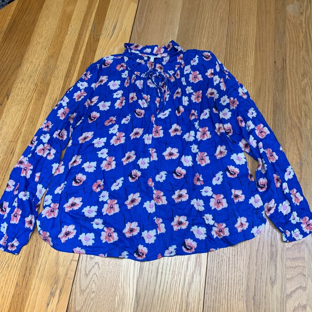 Lucky Brand Womens Blue Pink Floral Long Sleeve Tie Neck Ruffle Blouse Small